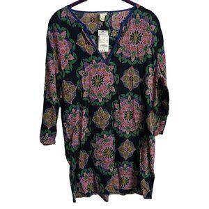 J.Crew‎ Tunic S Petite Mandala 3/4 Sleeve Pullover V-neck Floral Top Swim Cover